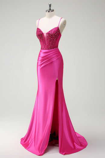 Sparkly Fuchsia Beaded Corset Satin Long Formal Dress with Slit