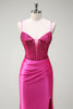 Load image into Gallery viewer, Sparkly Fuchsia Beaded Corset Satin Long Formal Dress with Slit