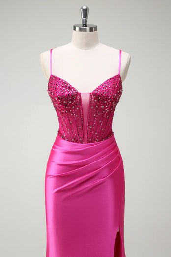 Sparkly Fuchsia Beaded Corset Satin Long Formal Dress with Slit