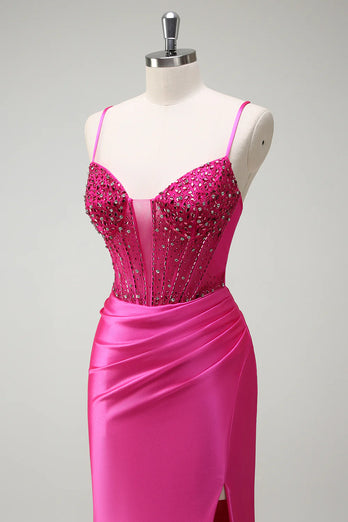 Sparkly Fuchsia Beaded Corset Satin Long Formal Dress with Slit