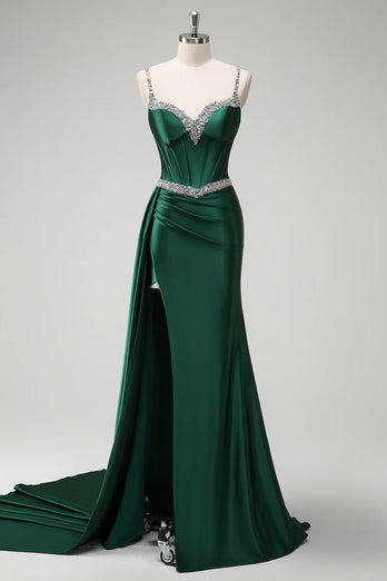 Sparkly Dark Green Sequined Corset Long Formal Dress with Slit