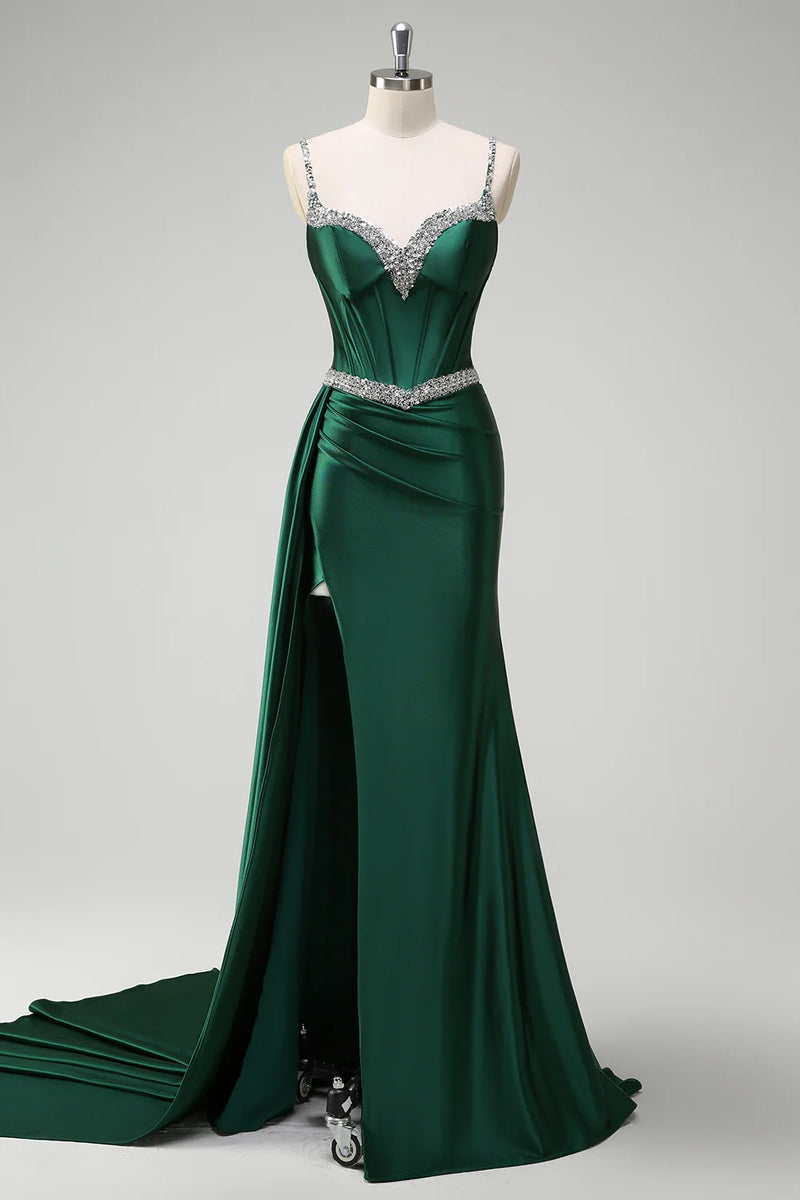 Load image into Gallery viewer, Sparkly Dark Green Sequined Corset Long Formal Dress with Slit