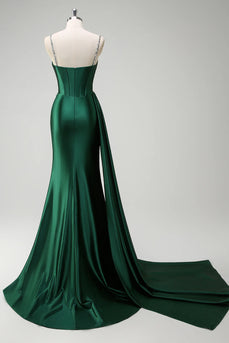 Sparkly Dark Green Sequined Corset Long Formal Dress with Slit