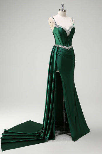 Sparkly Dark Green Sequined Corset Long Formal Dress with Slit