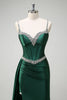 Load image into Gallery viewer, Sparkly Dark Green Sequined Corset Long Formal Dress with Slit