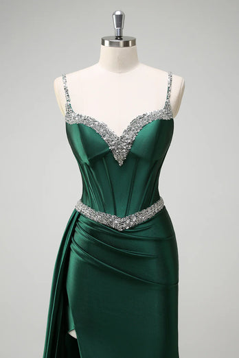 Sparkly Dark Green Sequined Corset Long Formal Dress with Slit