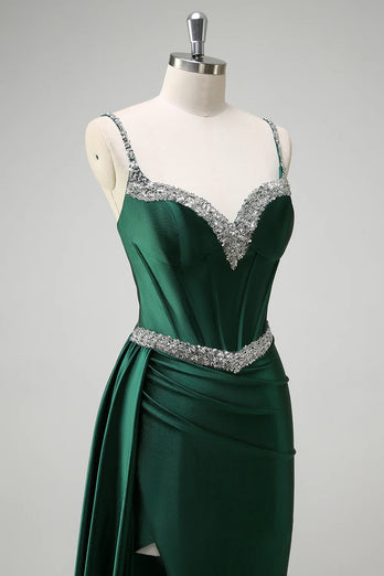 Sparkly Dark Green Sequined Corset Long Formal Dress with Slit