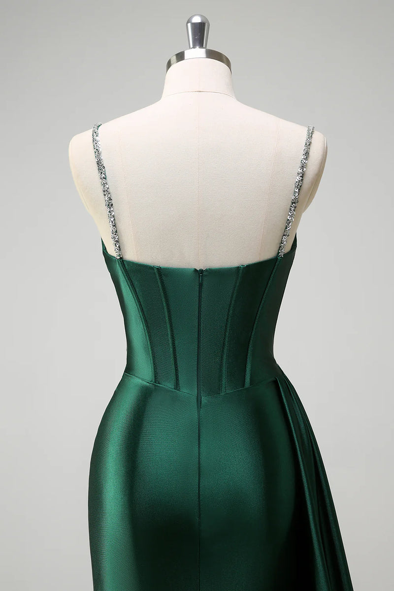 Load image into Gallery viewer, Sparkly Dark Green Sequined Corset Long Formal Dress with Slit