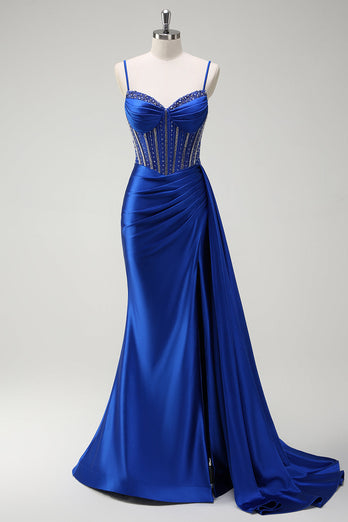 Sparkly Royal Blue Beaded Corset Long Formal Dress