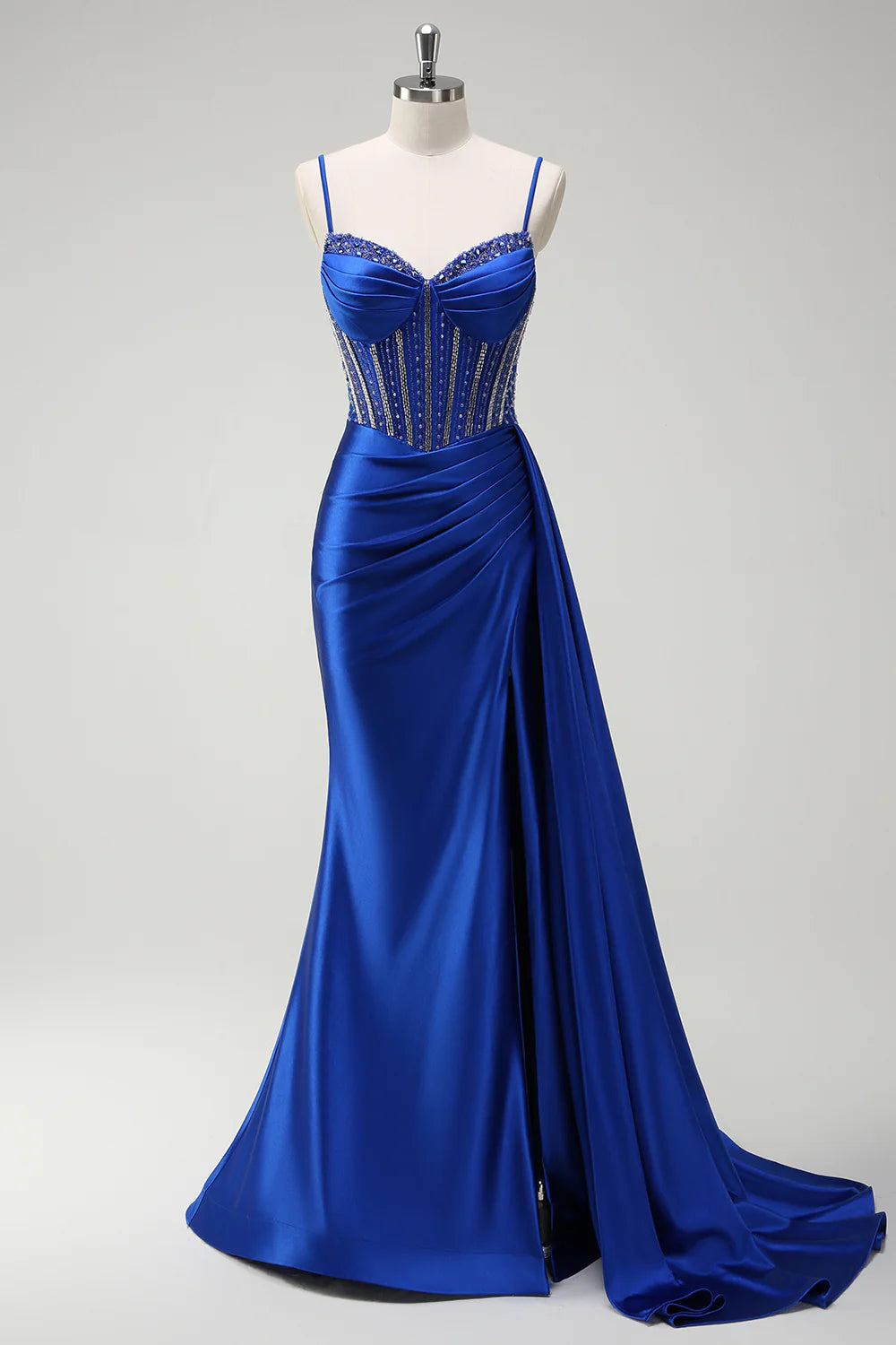 Sparkly Royal Blue Spaghetti Straps Corset Long Formal Dress