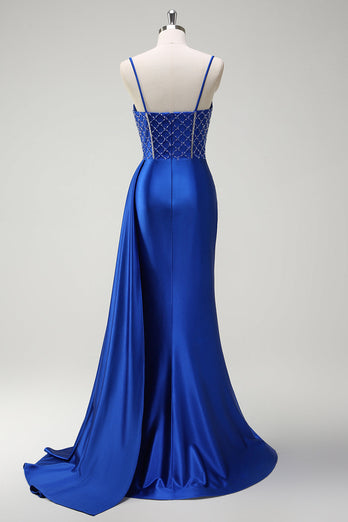 Sparkly Royal Blue Beaded Corset Long Formal Dress