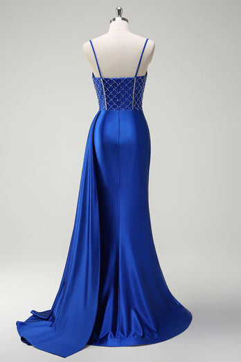 Sparkly Royal Blue Spaghetti Straps Corset Long Formal Dress