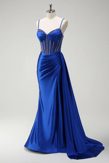 Sparkly Royal Blue Spaghetti Straps Corset Long Formal Dress