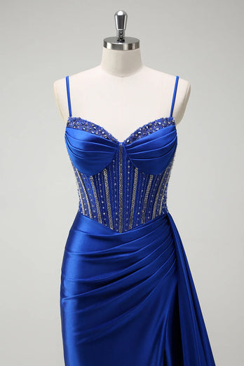 Sparkly Royal Blue Spaghetti Straps Corset Long Formal Dress