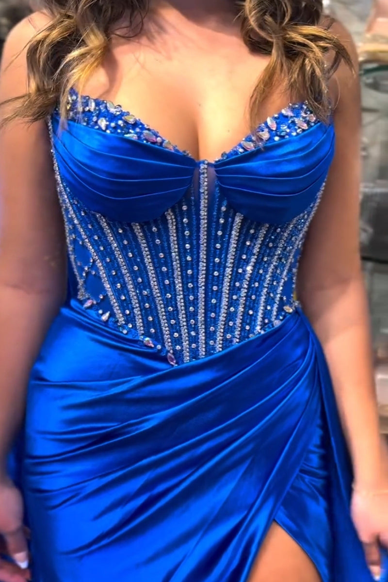 Load image into Gallery viewer, Sparkly Royal Blue Beaded Corset Long Formal Dress