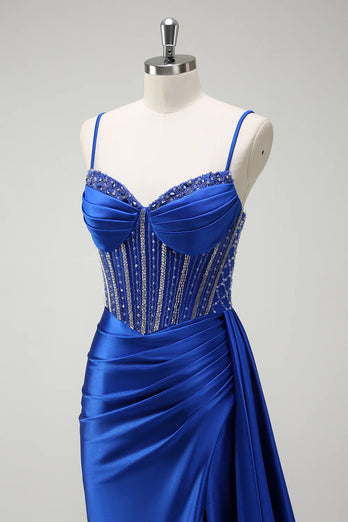 Sparkly Royal Blue Spaghetti Straps Corset Long Formal Dress