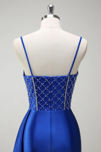 Sparkly Royal Blue Spaghetti Straps Corset Long Formal Dress