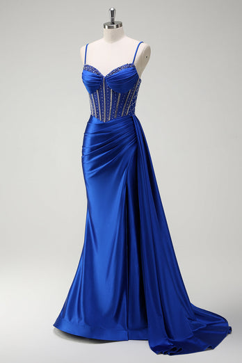 Sparkly Royal Blue Beaded Corset Long Formal Dress