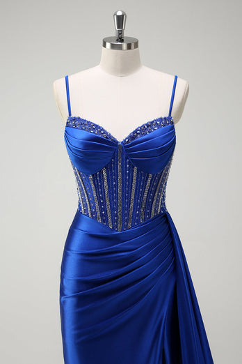 Sparkly Royal Blue Beaded Corset Long Formal Dress