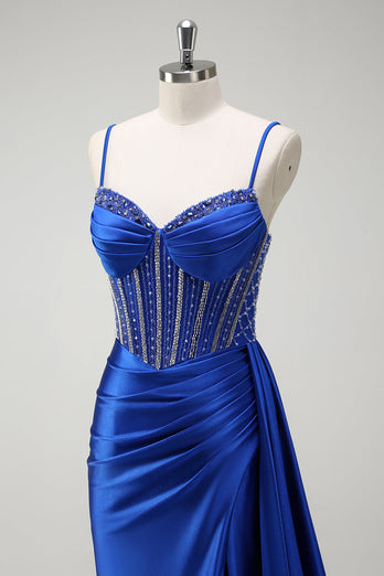 Sparkly Royal Blue Beaded Corset Long Formal Dress