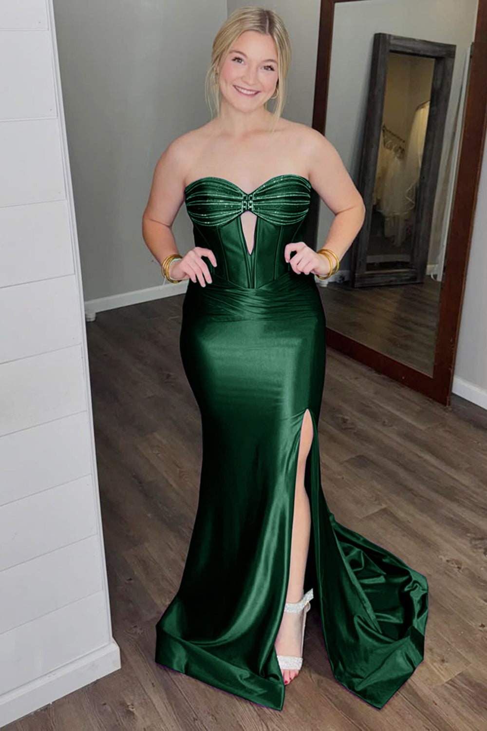 Glitter Dark Green Corset Satin Long Formal Dress with Slit