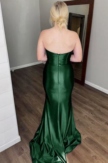 Glitter Dark Green Corset Satin Long Formal Dress with Slit