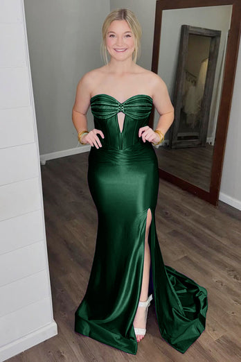 Glitter Dark Green Corset Satin Long Formal Dress with Slit