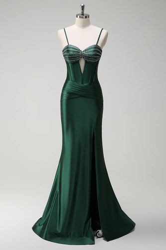 Sparkly Dark Green Mermaid Corset Beaded Long Satin Formal Dress