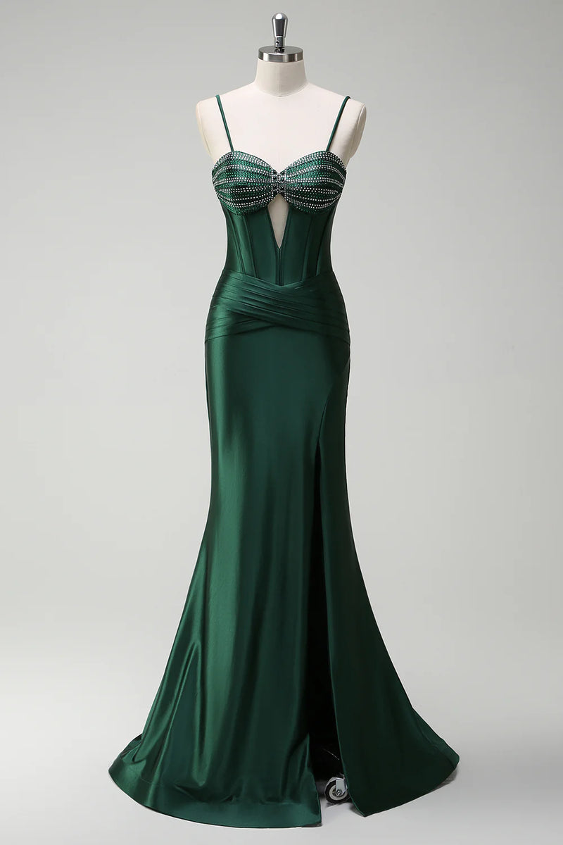 Load image into Gallery viewer, Sparkly Dark Green Mermaid Corset Beaded Long Satin Formal Dress