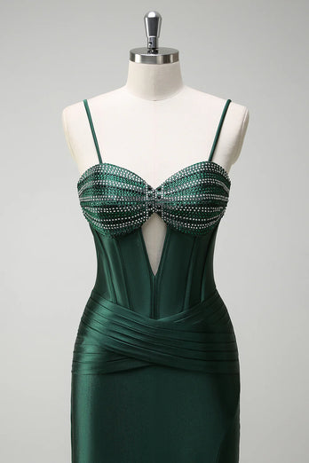 Sparkly Dark Green Mermaid Corset Beaded Long Satin Formal Dress