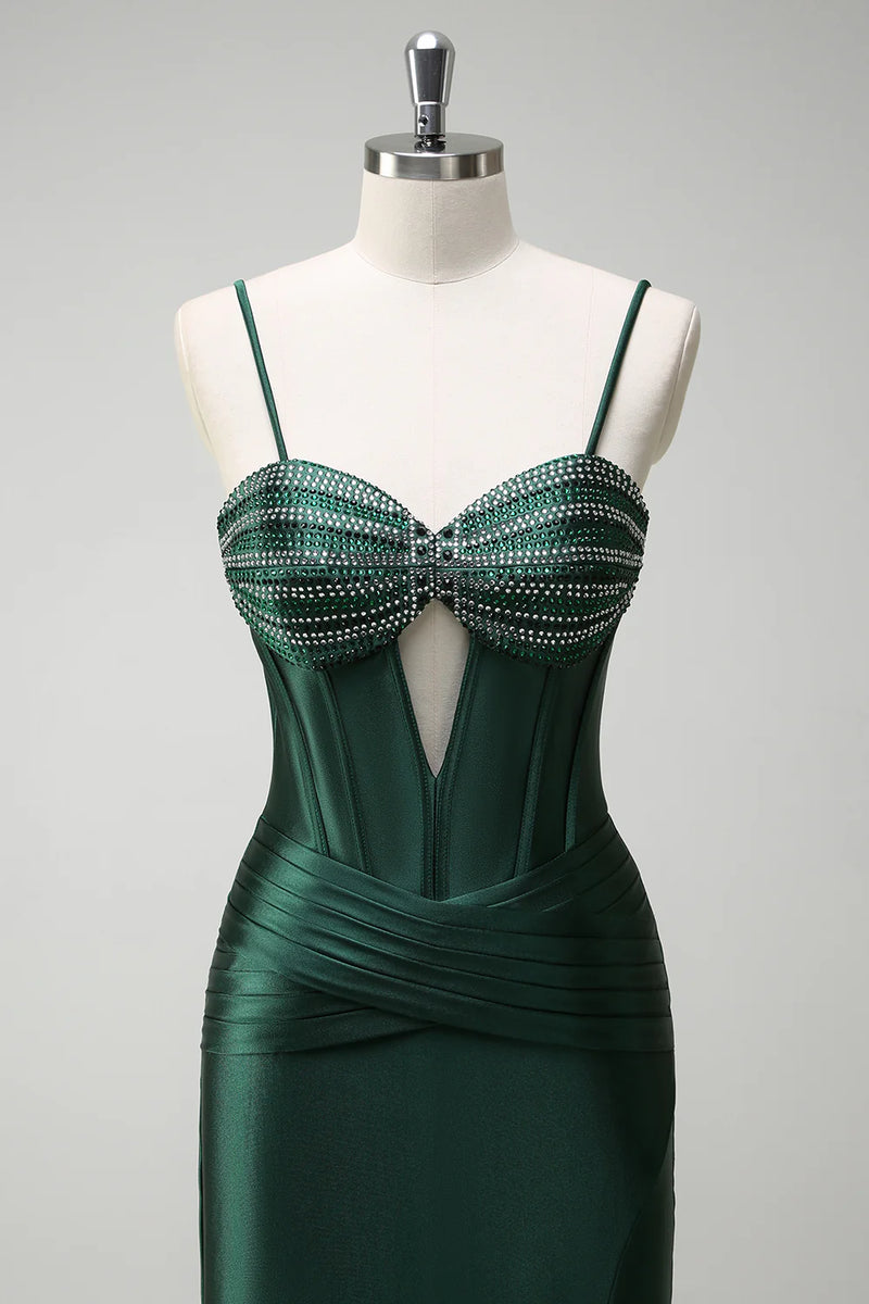 Load image into Gallery viewer, Sparkly Dark Green Mermaid Corset Beaded Long Satin Formal Dress