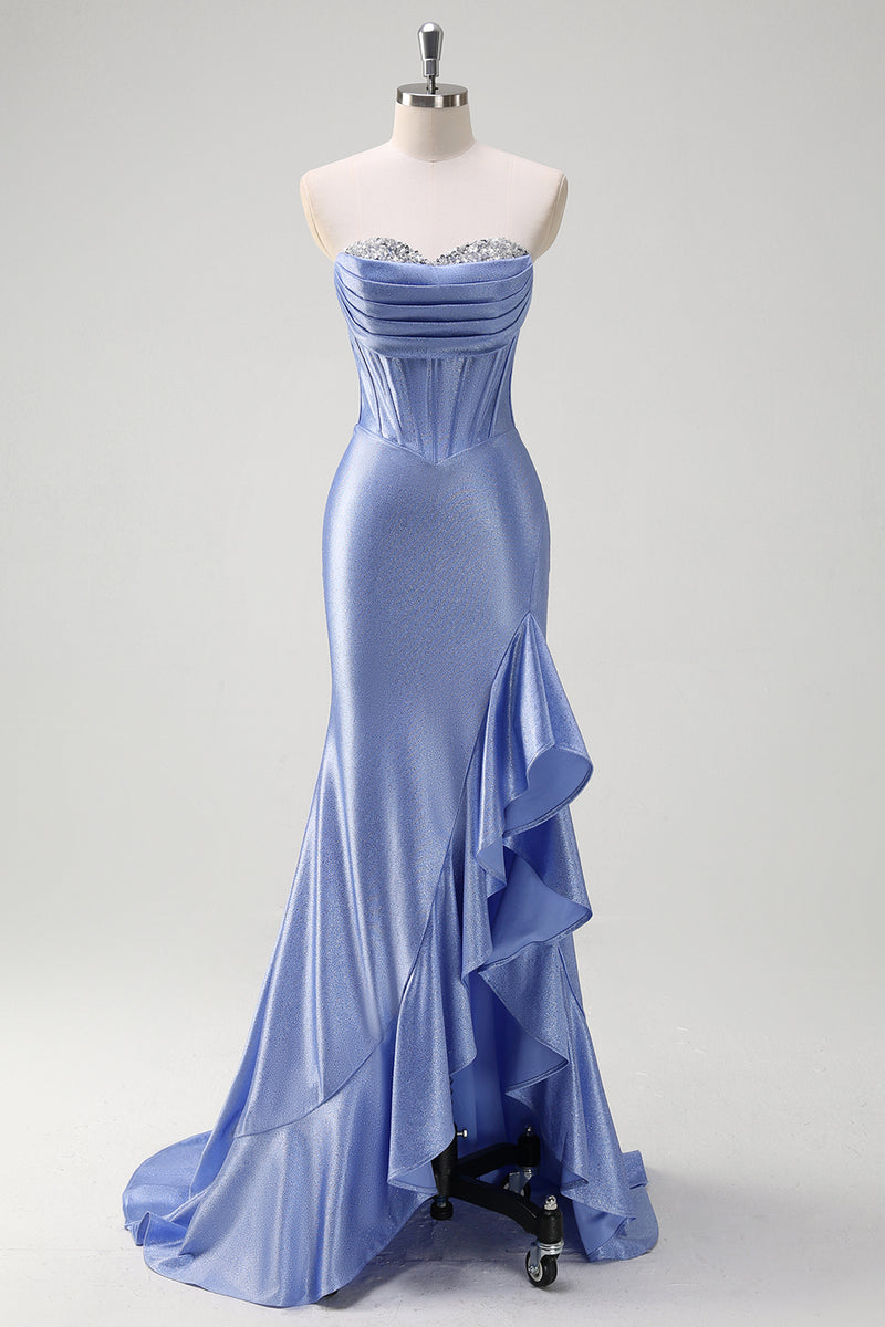 Load image into Gallery viewer, Sparkly Grey Blue Corset Long Satin Formal Dress with Ruffles Slit