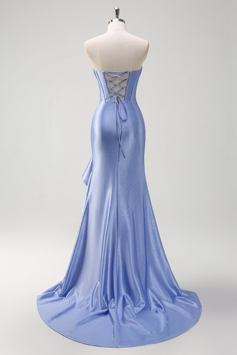 Load image into Gallery viewer, Sparkly Grey Blue Corset Long Satin Formal Dress with Ruffles Slit