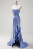 Load image into Gallery viewer, Sparkly Grey Blue Corset Long Satin Formal Dress with Ruffles Slit