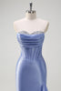 Load image into Gallery viewer, Sparkly Grey Blue Corset Long Satin Formal Dress with Ruffles Slit