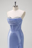 Load image into Gallery viewer, Sparkly Grey Blue Corset Long Satin Formal Dress with Ruffles Slit