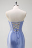 Load image into Gallery viewer, Sparkly Grey Blue Corset Long Satin Formal Dress with Ruffles Slit