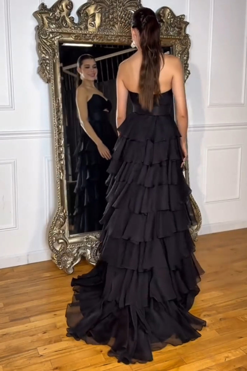 Load image into Gallery viewer, Black Tiered A-Line Bowknot Long Formal Dress with Slit