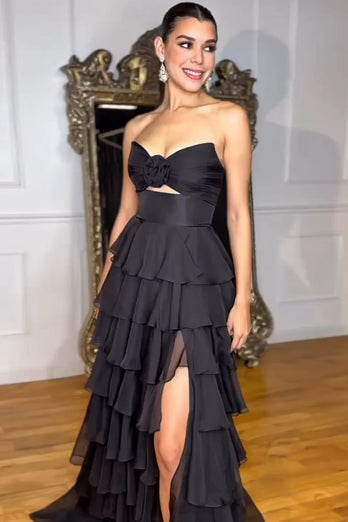 Black Tiered A-Line Bowknot Long Formal Dress with Slit