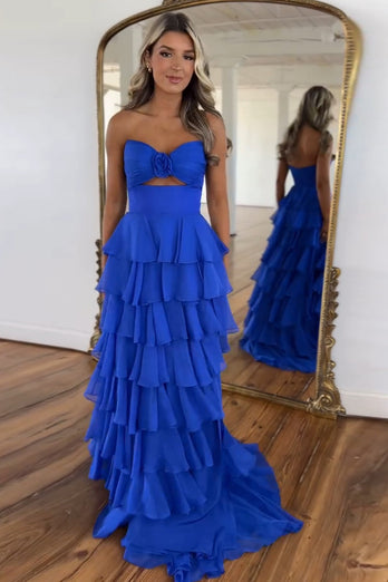 Royal Blue A-Line Sweetheart Tiered Long Formal Dress with Slit