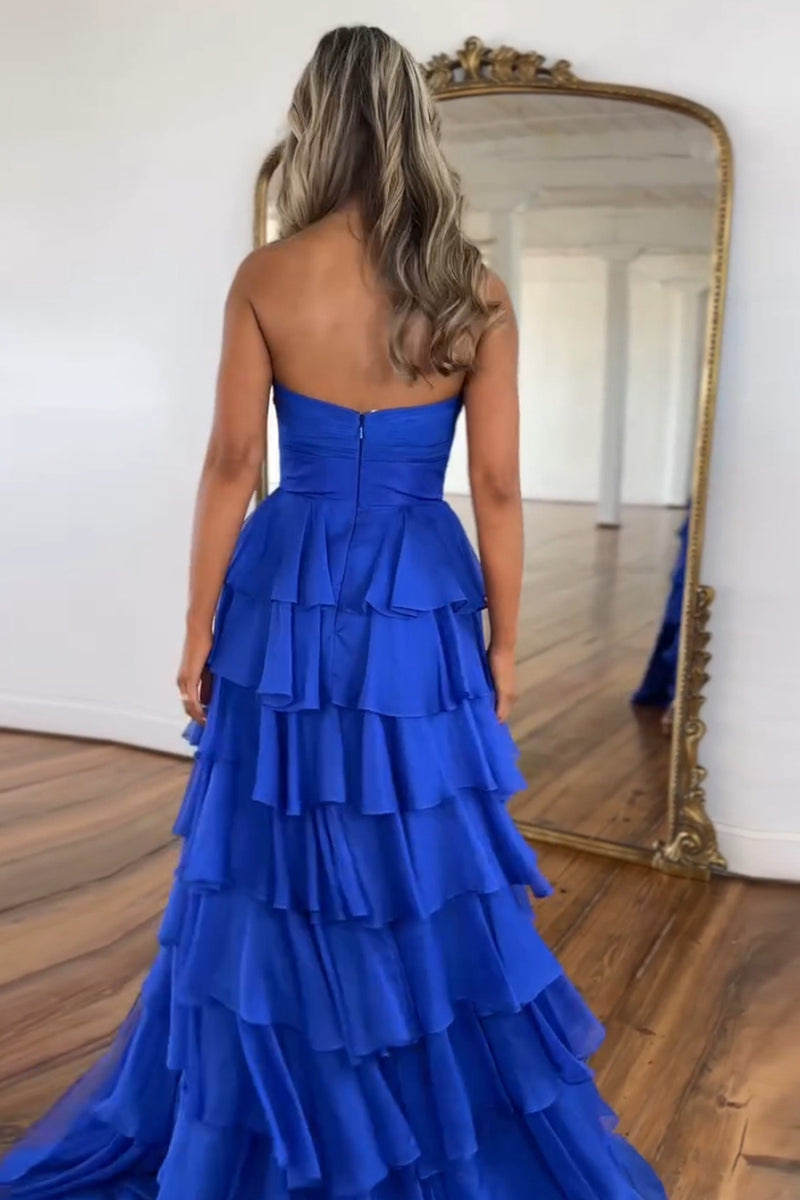 Load image into Gallery viewer, Royal Blue A-Line Sweetheart Tiered Long Formal Dress with Slit