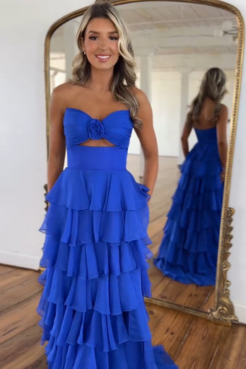 Royal Blue A-Line Sweetheart Tiered Long Formal Dress with Slit