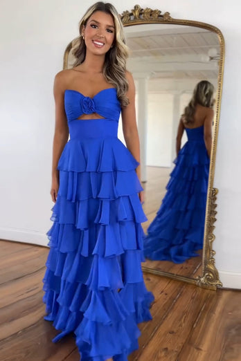 Royal Blue A-Line Sweetheart Tiered Long Formal Dress with Slit