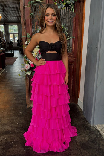 Black Tiered A-Line Bowknot Long Formal Dress with Slit