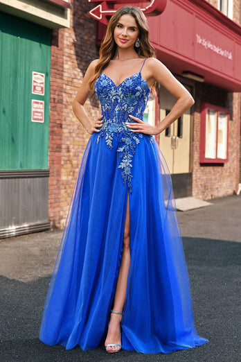 Sparkly Royal Blue Floral A Line Long Formal Dress with Appliques