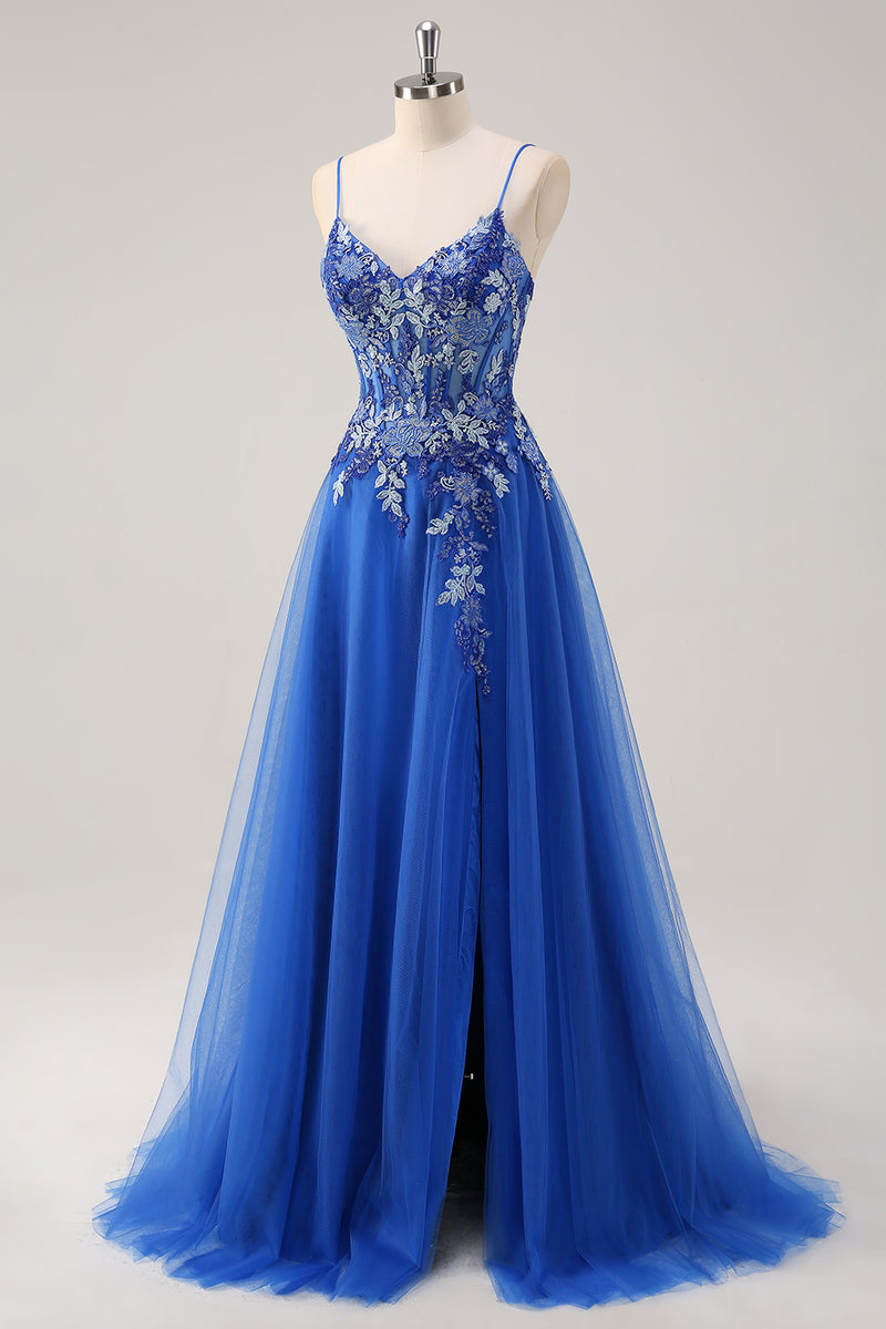 Load image into Gallery viewer, Royal Blue Floral Spaghetti Straps Long Formal Dress with Appliques