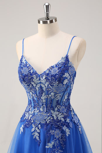 Royal Blue Floral Spaghetti Straps Long Formal Dress with Appliques