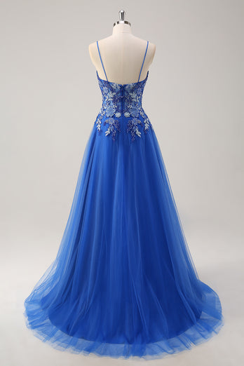 Royal Blue Floral Spaghetti Straps Long Formal Dress with Appliques