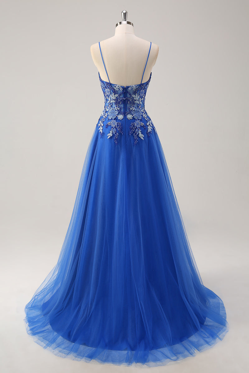 Load image into Gallery viewer, Royal Blue Floral Spaghetti Straps Long Formal Dress with Appliques