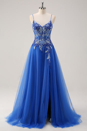 Royal Blue Floral Spaghetti Straps Long Formal Dress with Appliques